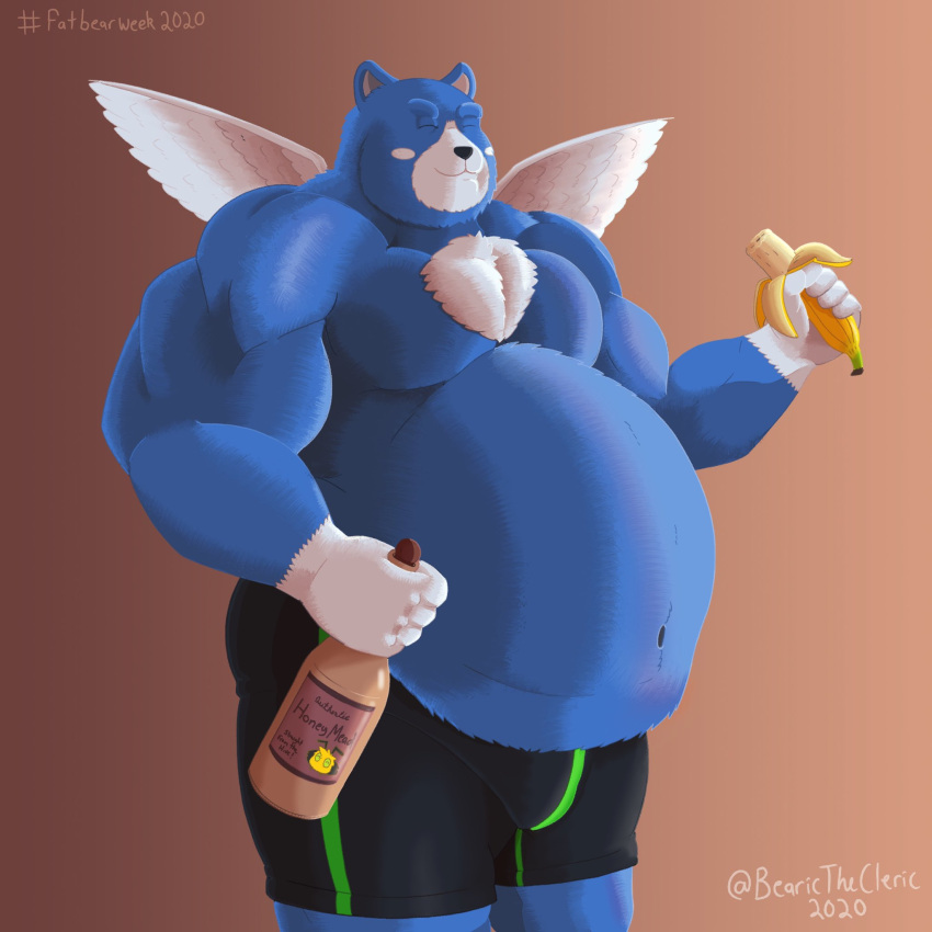 1:1 2020 anthro banana bearicthecleric belly black_nose blue_body blue_fur bulge clothing eyes_closed food fruit fur hi_res humanoid_hands male mammal moosh nintendo oracle_of_ages oracle_of_seasons overweight overweight_male plant simple_background solo the_legend_of_zelda underwear ursid video_games wings