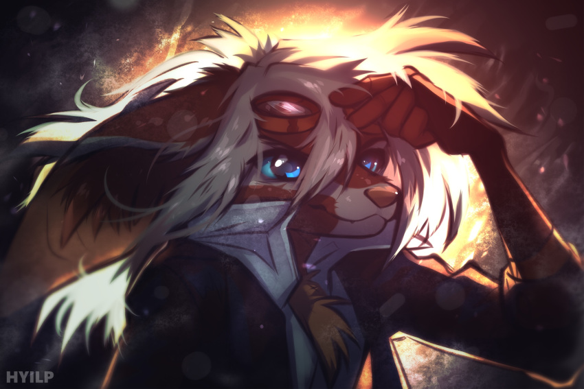 anthro backlighting blue_eyes brown_body brown_fur canid canine clothed clothing digital_media_(artwork) eyewear fennec fox fur goggles head_tuft hi_res hyilpi light lighting mammal melody_(aseethe) shaded solo tuft white_body white_fur