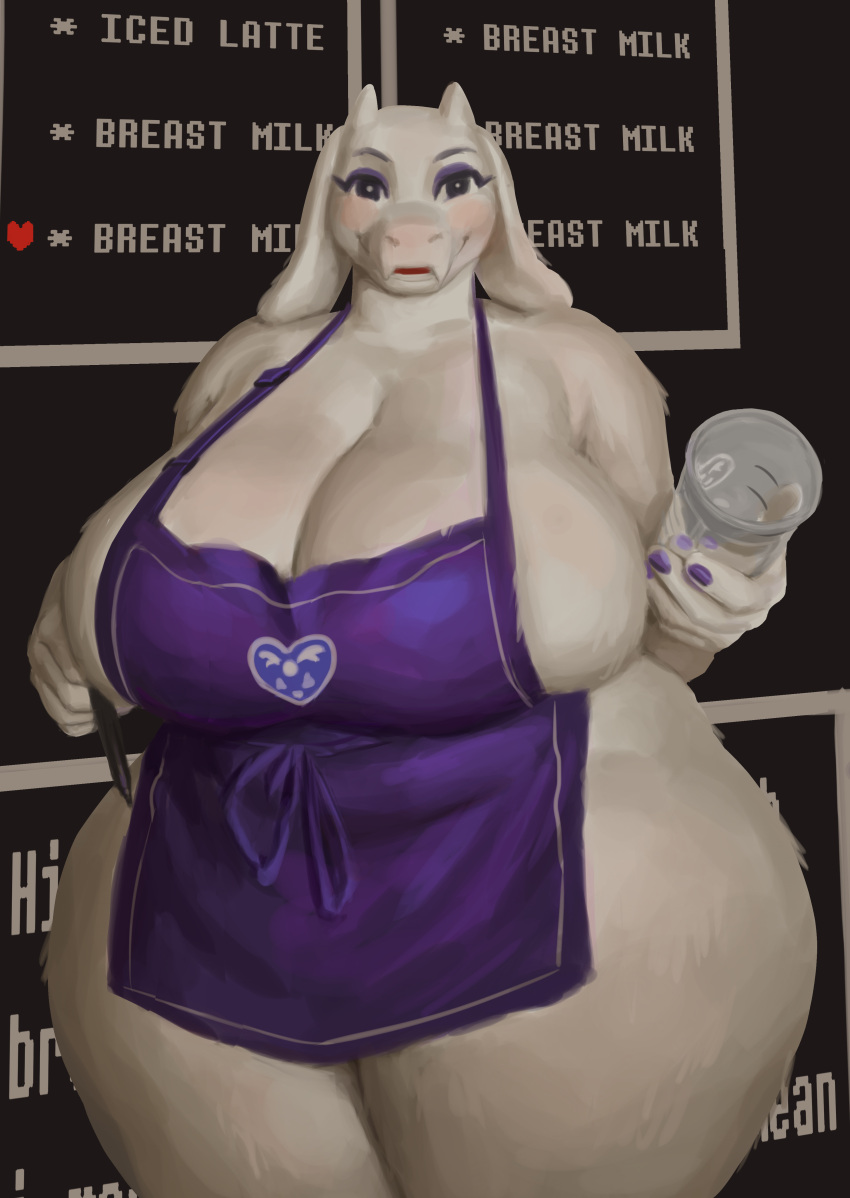 5_fingers absurd_res anthro apron apron_only big_breasts boss_monster bovid breasts caprine cleavage clothed clothing container cup curvy_figure digital_media_(artwork) digital_painting_(artwork) english_text female fingers floppy_ears goat hi_res holding_cup holding_object holding_pen horn huge_breasts huge_hips huge_thighs i_mean_breast_milk long_ears looking_at_viewer mammal mature_anthro mature_female meme mostly_nude muffin_top obese overweight overweight_female patacon pen portrait side_boob slightly_chubby solo standing starbucks text thick_thighs three-quarter_portrait toriel undertale undertale_(series) video_games voluptuous wide_hips