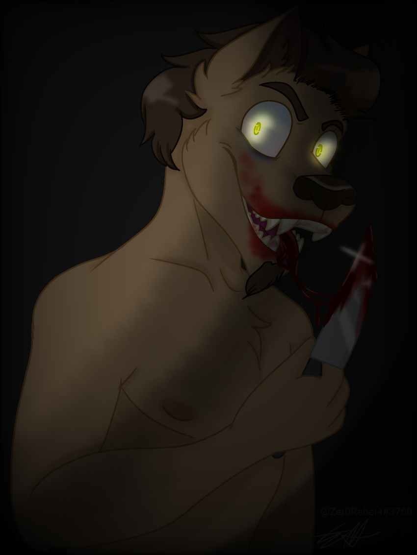 3:4 alien anthro aviarian_wolf blood blood_on_face blood_on_knife bodily_fluids brandon_(zer0rebel4) brown_body brown_fur brown_hair canid canine canis chest_tuft custom_species digital_drawing_(artwork) digital_media_(artwork) facial_hair fur glowing glowing_eyes gore grin hair hi_res holding_knife holding_object holding_weapon insane knife knife_play looking_at_viewer male mammal marsupial masochism nipples nude open_mouth penetration self_harm self_mutilation sharp_teeth smile solo teeth tuft vignette weapon wolf wounded yellow_eyes zer0rebel4