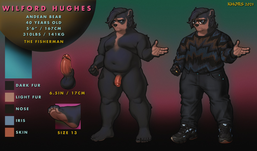 2021 anthro balls belly black_body black_fur black_nose bottomwear clothing english_text erection eyewear flaccid fur genitals glasses hi_res humanoid_genitalia humanoid_hands humanoid_penis khors male mammal model_sheet overweight overweight_male pants penis solo spectacled_bear text tremarctine ursid
