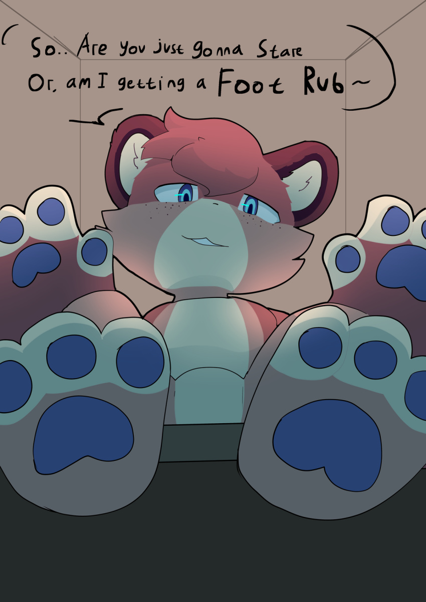 ailurid ambiguous_gender anthro blue_eyes blue_pawpads chillin_chillo english_text feet felid foot_fetish foot_focus gemini_(eclipse_darkpaw) hi_res hybrid mammal pantherine pawpads red_panda snow_leopard soles solo text