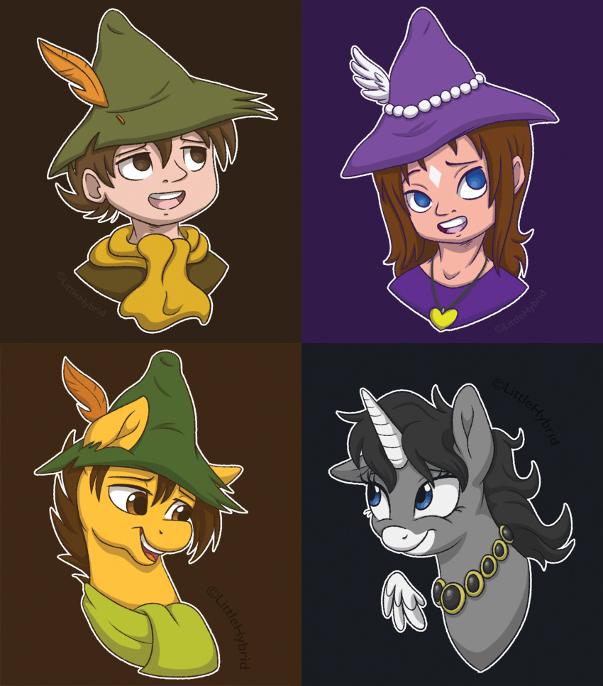 2021 alternate_species amulet character_request clothing equid equine female green_clothing green_hat green_headwear hat headgear headshot_portrait headwear hi_res horn human littlehybridshila looking_up loose_feather male mammal open_mouth portrait scarf simple_background smile snufkin the_moomins unicorn