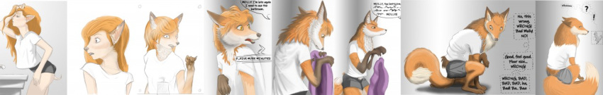 ! 2018 ? all_fours anthro anthro_to_feral bathroom bathroom_sink biped biped_to_quadruped black_lips black_nose bottomwear breast_shrinking breasts brown_ears canid canine clothed clothed_feral clothing colored confusion crouching digitigrade empty_eyes english_text female feral fluffy fluffy_tail fox fur fur_growth gibberish gloves_(marking) gradient_background grey_background growth hair hair_loss hand_in_hair hand_soap holding_object human_to_anthro human_to_feral inner_ear_fluff intelligence_loss krazyivan leaning leaning_forward leg_markings lips long_image looking_at_reflection looking_at_self looking_back looking_down loss_of_dexterity loss_of_self loss_of_speech mammal markings mind_break mirror multicolored_body multicolored_fur neck_tuft orange_body orange_eyes orange_fur orange_hair orange_tail paws plantigrade plantigrade_to_digtigrade quadruped raised_arm raised_finger raised_paw raised_pinky scared semi-anthro sequence shaded shirt shocked shrinking simple_background sink size_transformation soap soap_dispenser socks_(marking) solo species_transformation surprise t-shirt tail_growth tan_body tan_fur tan_tail text thousand_yard_stare topwear touching_hair towel transformation transformation_sequence tuft two_tone_body two_tone_fur two_tone_tail underwear whiskers white_background white_body white_fur wide_image worried