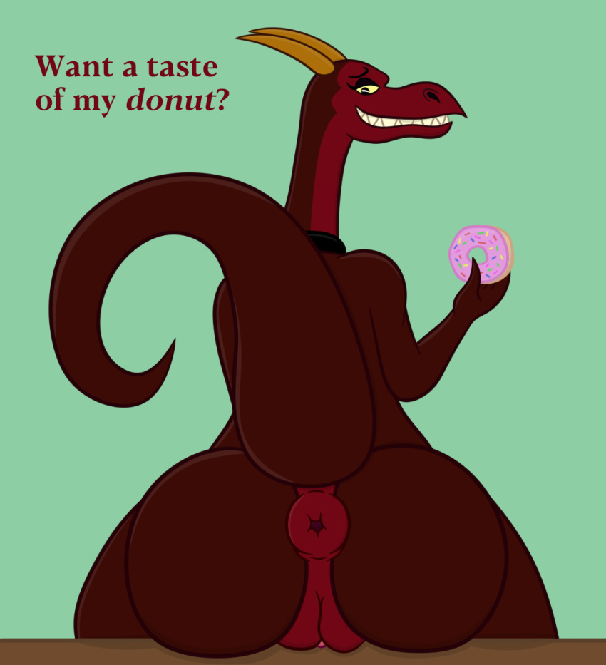 anus bedroom_eyes big_butt bunnicula_(series) butt dessert doughnut dragon english_text female food genitals hi_res looking_at_viewer narrowed_eyes puffy_anus pussy red_body scalie seductive sharkinwaves simple_background sitting solo text
