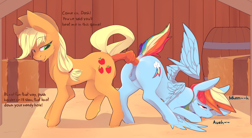 absurd_res ahegao anal anal_penetration anal_stretching anus applejack_(mlp) ass_to_ass ass_up barn barrel blue_body blue_feathers blue_fur butt chapaevv cutie_mark dialogue digital_media_(artwork) dildo dildo_in_ass dildo_insertion dirty_talk double_dildo duo english_text equid equine feathers female female/female feral friendship_is_magic fucked_silly fur genitals hair hasbro hay hi_res horse knotted_dildo looking_pleasured lying mammal masturbation my_little_pony nude on_front open_mouth penetration pony pussy rainbow_dash_(mlp) sex sex_game sex_toy sex_toy_in_ass sex_toy_insertion sharing_dildo sharing_sex_toy text toying_self