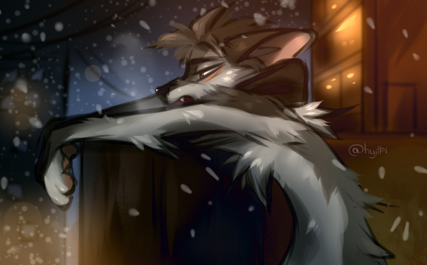anthro black_nose canid canine detailed_background fur grey_body grey_fur head_tuft hyilpi inner_ear_fluff light lighting male mammal open_mouth outside shaded snow snowing solo tuft white_body white_fur