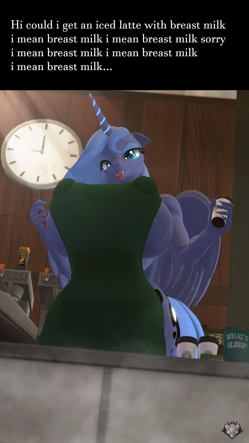 2021 3d_(artwork) 4k 9:16 absurd_res anthro apron apron_only big_breasts blue_body blue_fur blue_hair breasts clock clothing container cup curvy_figure cutie_mark detailed_background digital_media_(artwork) english_text equid equine eyelashes eyeshadow female fingers friendship_is_magic fur green_apron hair hasbro hi_res holding_cup holding_object holding_pen horn horse hourglass_figure huge_breasts i_mean_breast_milk inside long_hair looking_at_viewer makeup mammal meme mostly_nude my_little_pony naughty_cube pen pony princess_luna_(mlp) side_boob smile solo source_filmmaker standing starbucks teal_eyes teeth text tongue tongue_out voluptuous wide_hips winged_unicorn wings