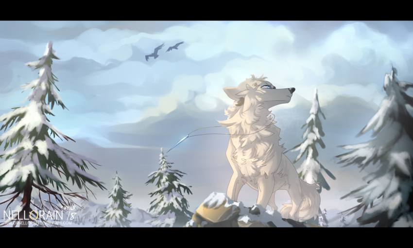 5:3 ambient_bird avian bird canid canine canis cloud detailed_background feral fluffy fur group hi_res hyilpi jewelry letterbox mammal necklace nellorain outside plant sky solo_focus tree trio white_body white_fur wolf
