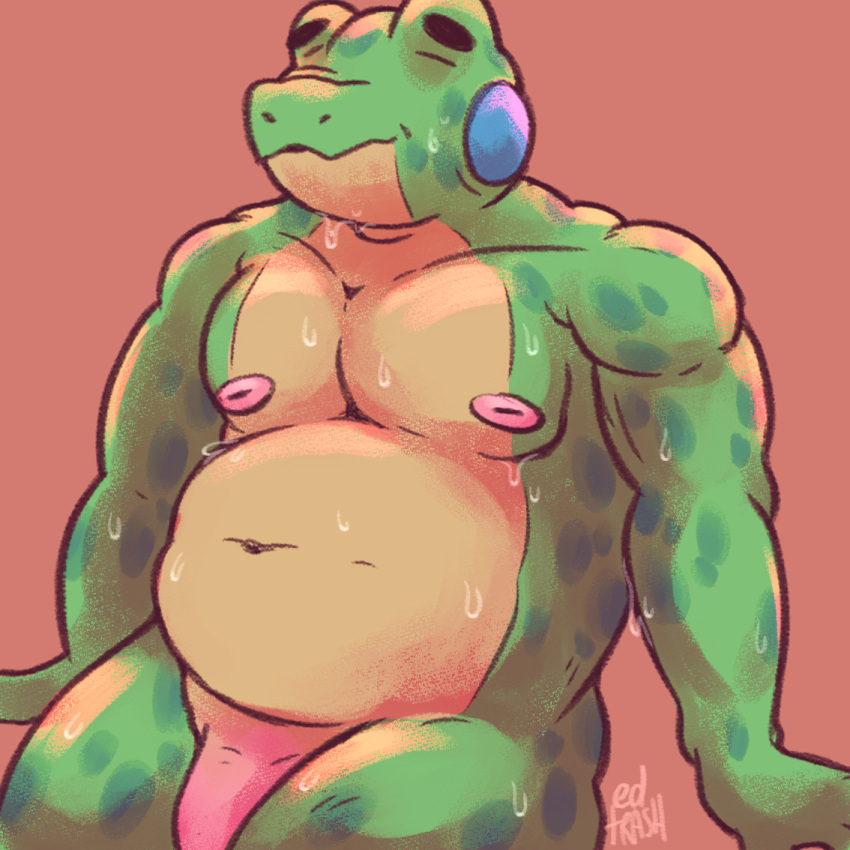 1:1 2021 amphibian anthro belly edtrash eyes_closed flaccid frog genitals green_body male moobs navel nipples overweight overweight_male penis sitting solo