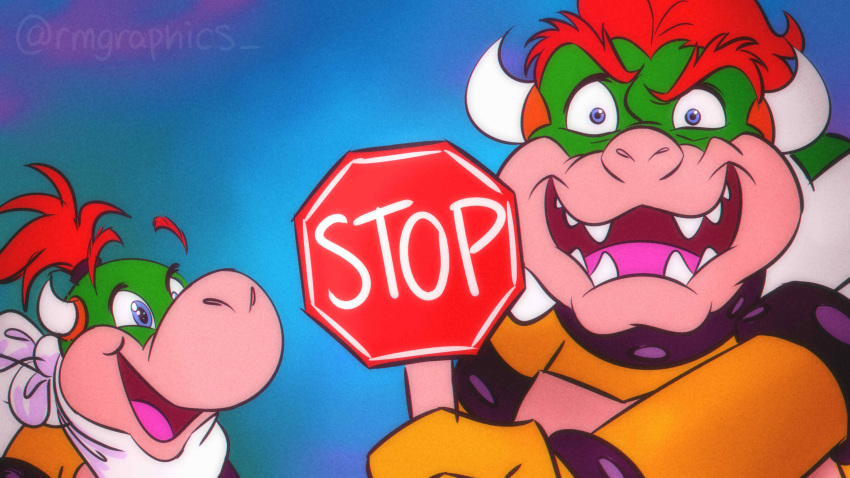 16:9 2021 absurd_res anthro armband blue_background bowser bowser_jr. bracelet collar duo english_text eyebrows hair hi_res holding_object horn humor jack_black jewelry koopa looking_at_viewer male mario_bros meme neckerchief nintendo open_mouth open_smile reaction_image rmgraphics scalie shell sign simple_background smile spiked_armband spiked_bracelet spiked_collar spiked_shell spikes spikes_(anatomy) stop_sign teeth text tongue url video_games widescreen