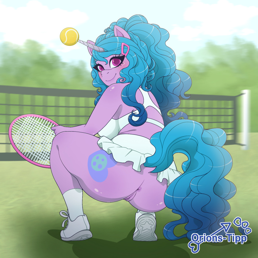 1:1 anthro anus ball bottomless bottomwear bra breasts butt clothed clothing crouching cutie_mark dock equid equine female footwear genitals hair hasbro hi_res horn izzy_moonbow_(mlp) looking_at_viewer looking_back mammal microskirt miniskirt mlp_g5 my_little_pony no_underwear orions-tipp partially_clothed ponytail pussy skirt smile smiling_at_viewer socks solo sport sports_bra tennis tennis_ball tennis_racket underwear unicorn upskirt