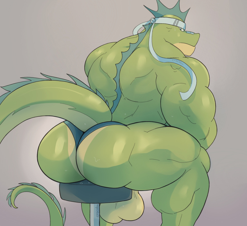 2021 absurd_res accessory anthro back_muscles balls big_balls big_butt big_muscles butt clothing crocobu furniture genitals grey_background headband hi_res huge_butt huge_muscles lizard looking_back male muscular muscular_anthro muscular_male rear_view reptile ryder_(crocobu) scalie simple_background sitting solo stool thick_thighs thong underwear