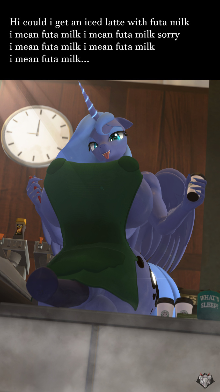 2021 3d_(artwork) 4k 9:16 absurd_res animal_genitalia animal_penis anthro apron apron_only balls big_balls big_breasts big_penis blue_body blue_fur blue_hair breasts clock clothing container cup curvy_figure cutie_mark detailed_background digital_media_(artwork) english_text equid equine equine_penis eyelashes eyeshadow fingers friendship_is_magic fur genitals green_apron gynomorph hair hasbro hi_res holding_cup holding_object holding_pen horn horse hourglass_figure huge_balls huge_breasts huge_penis i_mean_breast_milk ineffective_clothing inside intersex long_hair looking_at_viewer makeup mammal meme mostly_nude my_little_pony naughty_cube pen penis pony princess_luna_(mlp) public public_exposure side_boob smile solo source_filmmaker standing starbucks teal_eyes teeth text tongue tongue_out voluptuous wide_hips winged_unicorn wings