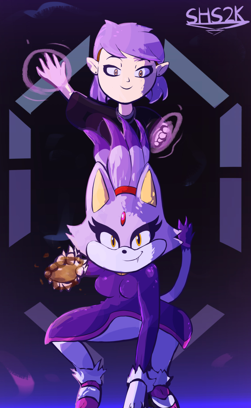 absurd_res amity_blight anthro blaze_the_cat breasts clothed clothing conditional_dnp crossover disney domestic_cat duo ear_piercing fangs felid feline felis female female/female fire fur hair hi_res humanoid magic magic_user mammal piercing purple_body purple_fur purple_hair sega smile smirk sonic_the_hedgehog_(series) superhypersonic2000_(artist) tan_body the_owl_house witch yellow_eyes