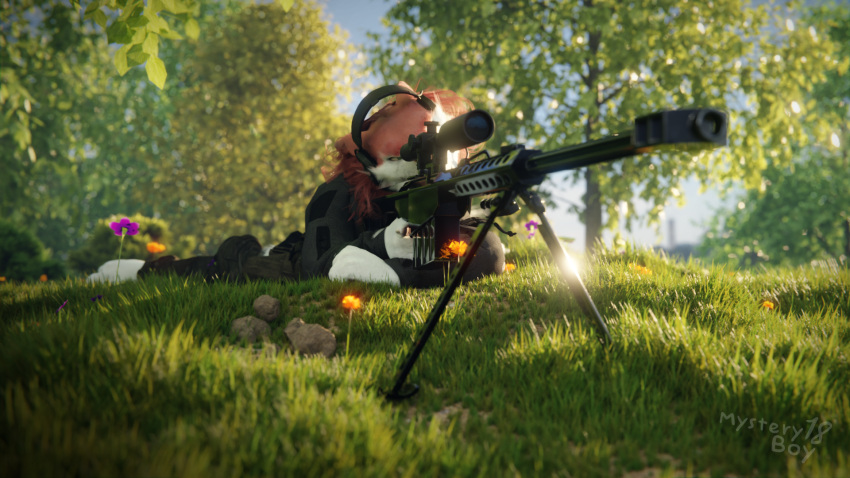 16:9 3d_(artwork) barrett_m82 blender_(software) clothing digital_media_(artwork) female field flower fur grass gun headgear hi_res landscape lying military_uniform mysteryboy18 narrowed_eyes on_front plant ranged_weapon red_body red_fur rifle sergal sniper_rifle solo tree uniform untied_verbeger weapon white_body white_fur widescreen