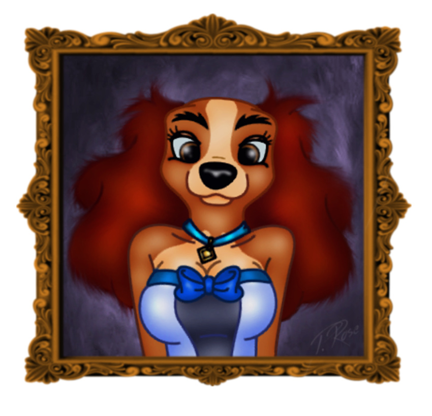 alpha_channel anthro bird_dog brown_body brown_eyes brown_fur canid canine canis clothing cocker_spaniel collar disney domestic_dog dress female folwilliar fur hunting_dog lady_(lady_and_the_tramp) lady_and_the_tramp mammal painting portrait ribbons solo spaniel