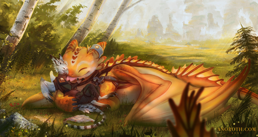 anoroth anthro avian blajn_(character) cuddling dragon dreamworks duo embrace female feral forest grass gryphon hi_res how_to_train_your_dragon hug licking light_fury lying meadow mythological_avian mythology night_fury plant scalie solena_(character) sunny tongue tongue_out tree western_dragon wings