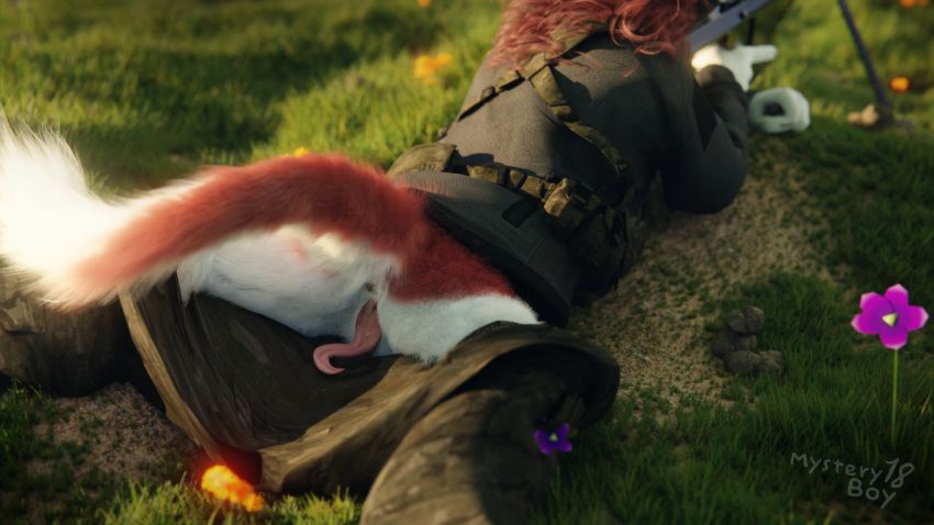 16:9 3d_(artwork) anthro blender_(software) clitoral_hood clothed clothing digital_media_(artwork) female field flower fluffy fluffy_tail fur genitals grass hi_res lying military_uniform mysteryboy18 on_front pants_down partially_clothed plant prehensile_clitoral_hood pussy red_body red_fur sergal solo spread_legs spreading uniform untied_verbeger widescreen