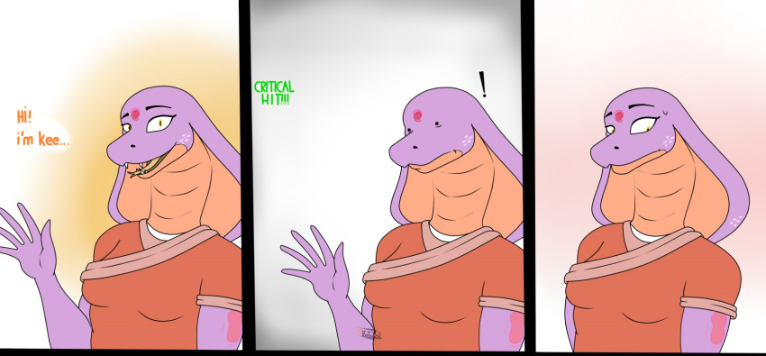 anthro clothed clothing cobra comic dialogue duo female fish flexet_(photolol.03) hi_res keeshee male male/female marine photolol.03 purple_body reptile scalie shark simple_background snake text yellow_eyes