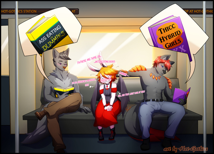 anthro black_border blush book border bulge bus butt canid canine canis commercial_vehicle dialogue domestic_dog dragon embarrassed female goth group hot-gothics humor hybrid lagomorph leporid male mammal morphi_(character) nariff_(nariff) public public_transportation rabbit reading silly sitting subway sunset thoughts train vehicle vehicle_for_hire