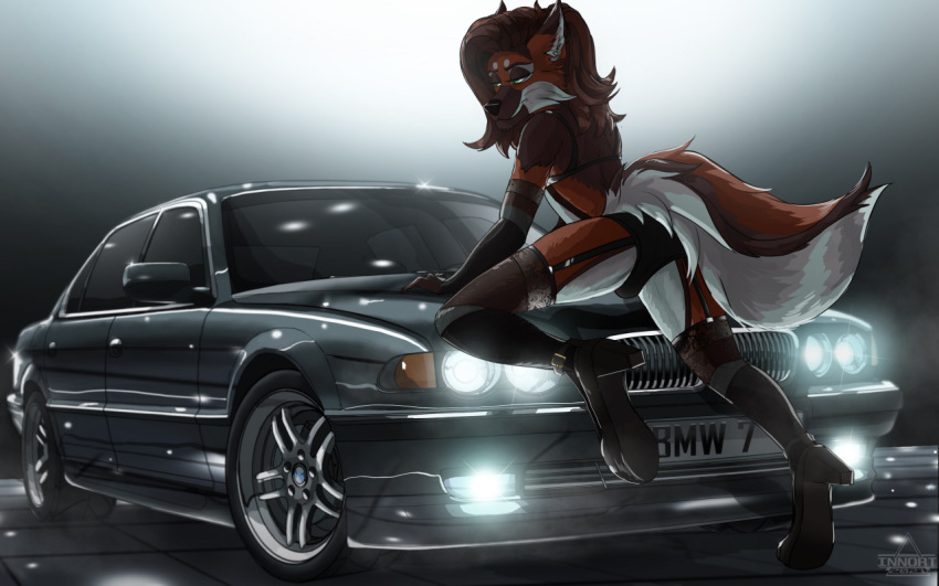 16:10 anthro big_tail black_background black_car bmw canid canine car clothed clothing crossdressing fox girly girly_hair handwear high_heels inn0rt male mammal mittens pose simple_background solo underwear vehicle widescreen