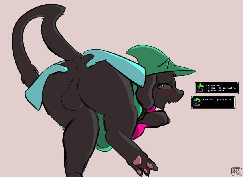 anthro anus balls black_body black_fur blush bovid butt caprine clothing deltarune disembodied_hand dttart duo english_text fur genitals goat hat headgear headwear hi_res kris_(deltarune) male mammal nervous paws raised_tail ralsei robe scarf solo solo_focus spreading text undertale_(series) video_games wizard_hat