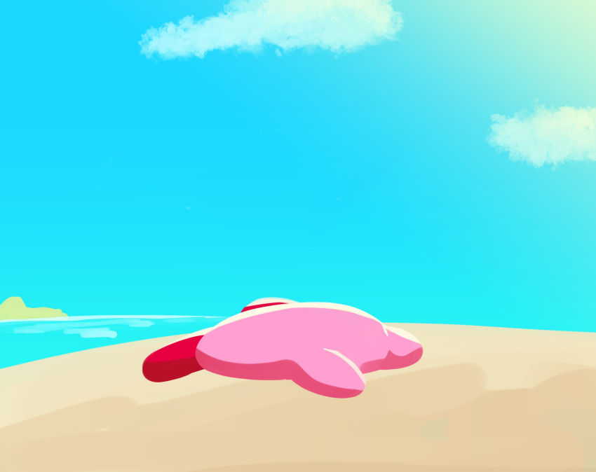 2021 alien ambiguous_gender atruedonaldist bald barefoot beach cloud feet flat_(disambiguation) hi_res humor kirby kirby_(series) kirby_and_the_forgotten_land lying multicolored_body multicolored_skin nintendo not_furry nude on_front on_ground on_sand outside pink_body pink_skin raised_arm red_body red_skin round_body sand sea seaside shadow sky solo video_games waddling_head water