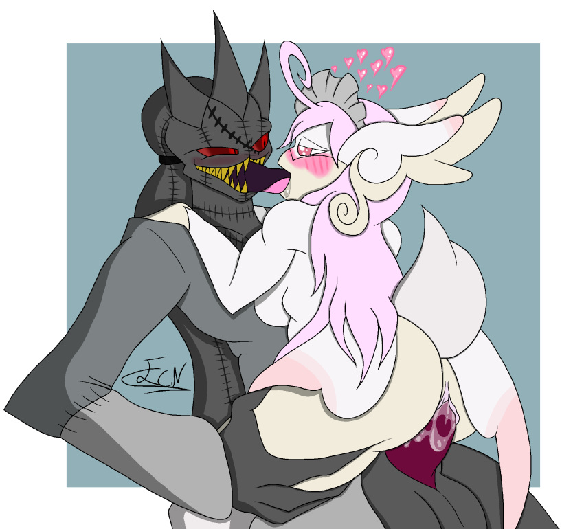 &lt;3 anthro banette big_butt blush bodily_fluids breasts butt duo ecn fan_character fangs female genital_fluids genitals grey_body hair hi_res kissing leg_grab long_hair long_tongue male male/female mega_audino mega_evolution nintendo penetration pink_eyes pink_hair pok&eacute;mon pok&eacute;mon_(species) pussy pussy_juice red_eyes stitch_(sewing) straddling thick_thighs thigh_grab tongue vaginal vaginal_penetration video_games