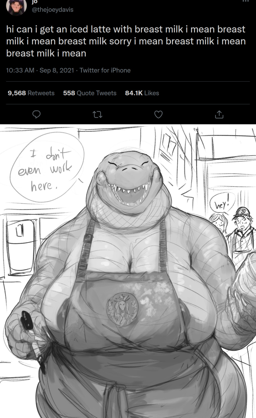 2021 alligator alligatorid anthro anthro_focus apron apron_only areola areola_slip big_breasts blush breasts claws cleavage clothed clothing container countershade_torso countershading crocodilian cup digital_media_(artwork) doctordj english_text eyelashes eyes_closed female female_focus greyscale group half-length_portrait hi_res holding_cup holding_object holding_pen huge_breasts human i_mean_breast_milk inside male mammal meme monochrome mostly_nude non-mammal_breasts olivia_(doctordj) open_mouth open_smile overweight overweight_anthro overweight_female pen portrait public public_exposure reptile scalie shaded sharp_teeth side_boob sketch skimpy smile speech_bubble standing teeth text thick_neck twitter