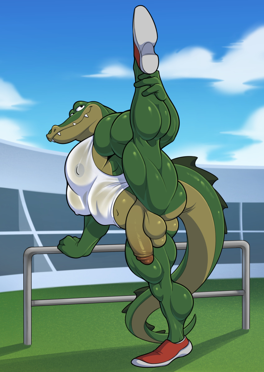 absurd_res alligator alligatorid analon_(artist) animalympics anthro bolt_jenkins bottomless clothed clothing crocodile crocodilian crocodylid erection flexible footwear genitals hi_res humanoid_genitalia humanoid_penis male muscular muscular_male one_leg_up pecs penis raised_leg reptile scalie shirt shoes solo splits spread_legs spreading standing stretching tank_top topwear translucent translucent_clothing vertical_splits