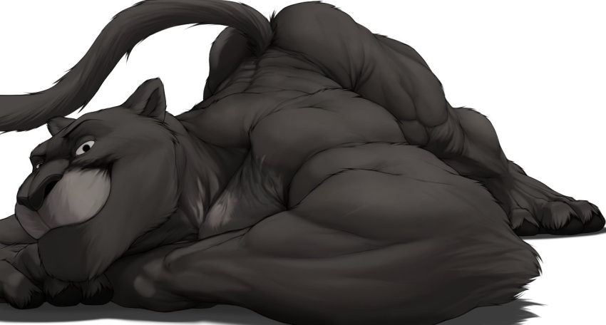 2021 anthro ass_up back_muscles biceps black_body black_fur butt felid fur jack-o'_pose looking_at_viewer lying macmuk male mammal melanistic mtfoxx muscular muscular_anthro muscular_male on_front pantherine pose quads raised_tail simple_background solo triceps white_background