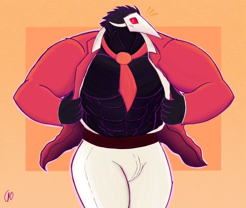 abs absurd_res anthro barazoku blush bottomwear bulge clothed clothing deltarune gio-joe hi_res male mask muscular muscular_anthro muscular_male necktie open_clothing open_shirt open_topwear pants pecs shirt solo swatchling topwear undertale_(series) video_games