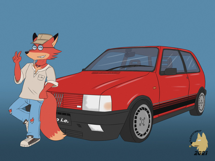 4:3 5_fingers anthro canid canine car clothed clothing conditional_dnp djcoyoteguy eyewear fiat fiat_uno fiat_unto_turbo fingers fox fur glasses gradient_background hat headgear headwear hi_res italian jewelry male mammal necklace orange_body orange_fur simple_background solo turbo vehicle