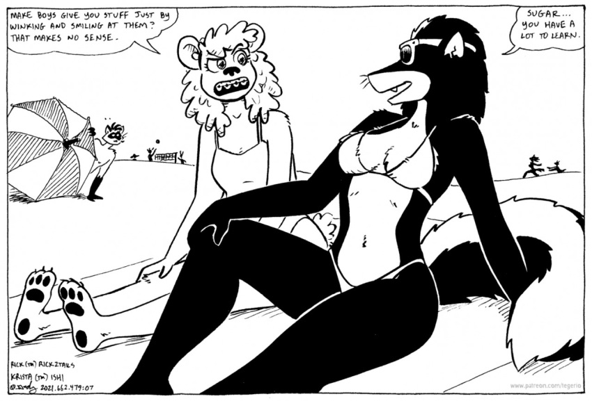 anthro beach bikini braces breasts catherine_o'daisies cleavage clothed clothing curvy_figure duo duo_focus english_text female female/female group hair hourglass_figure krista_blonde mammal mephitid midriff monochrome navel one-piece_swimsuit procyonid raccoon seaside skunk small_waist swimwear tegerio text ursid whiskers wide_hips