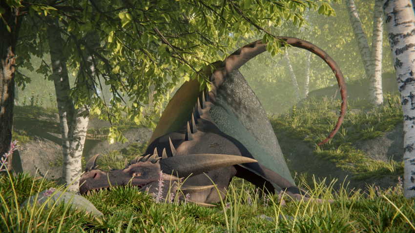 16:9 3d_(artwork) arceronth ass_up blender_(software) detailed_background digital_media_(artwork) dragon feral forest hi_res horn looking_at_viewer male membrane_(anatomy) membranous_wings plant scalie solo tail_motion tailwag tree widescreen willyb1337 wings wyvern