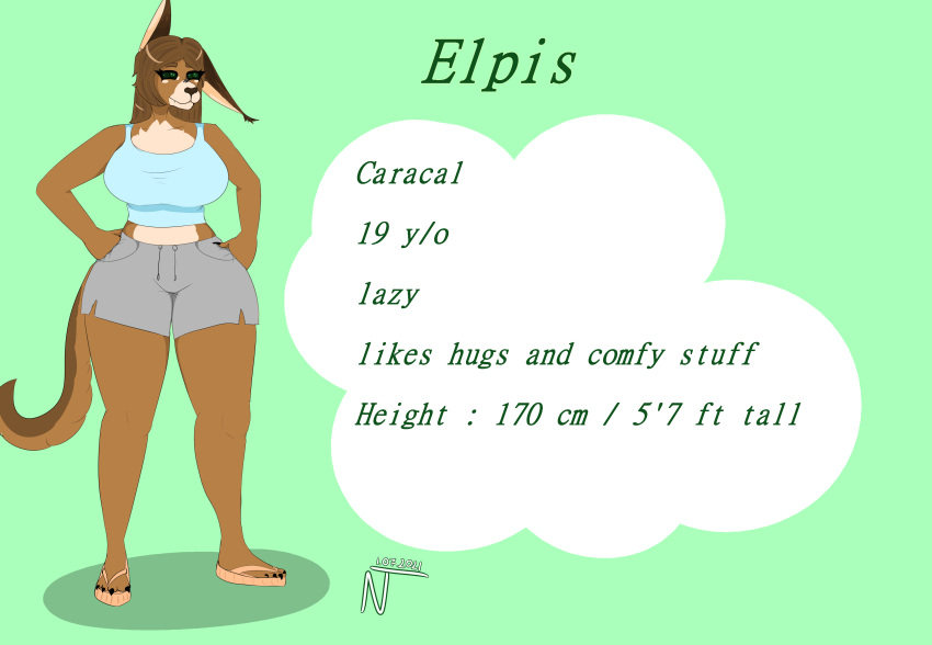 absurd_res anthro big_breasts breasts brown_body brown_fur brown_hair caracal caracal_(genus) elpis_(fots) english_text felid feline female female_focus fighter_of_the_stars fur green_eyes hair hi_res mammal model_sheet slightly_chubby solo text thick_thighs wild_cat