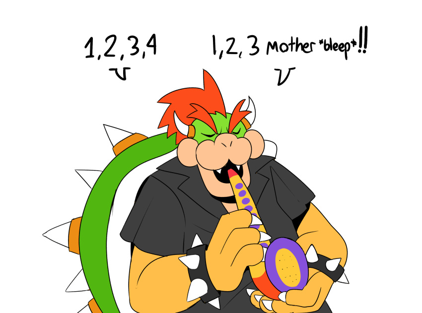 2021 anthro bowser bracelet claws clothed clothing dialogue english_text eyebrows eyes_closed hair hi_res horn humor jack_black jewelry koopa male mario_bros musical_instrument nintendo number open_mouth playing_music saxophone scalie shell shirt simple_background solo spiked_bracelet spiked_shell spikes spikes_(anatomy) text thegreyzen topwear toy video_games white_background wind_instrument woodwind_instrument
