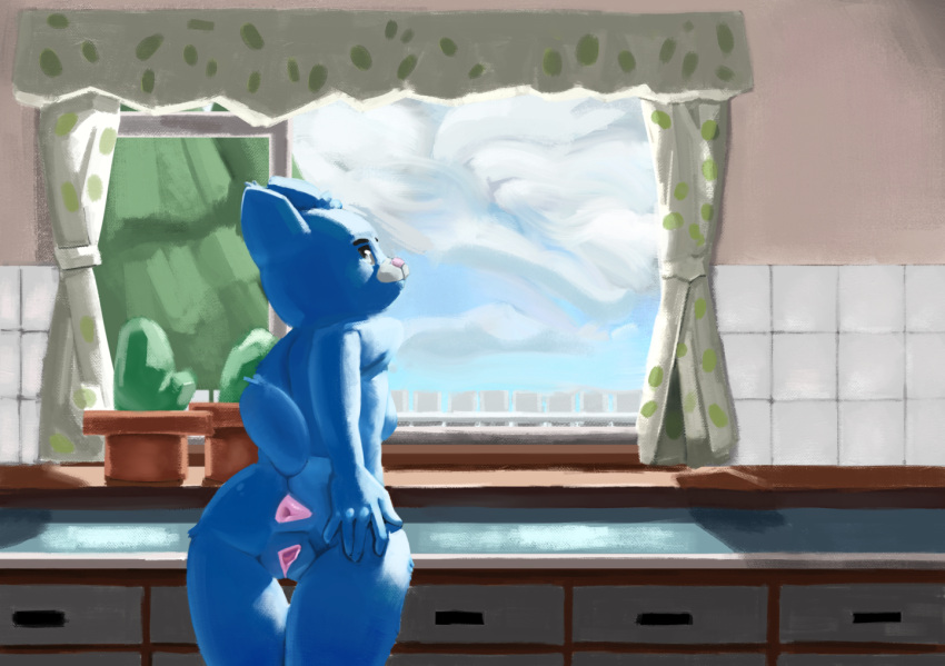 anthro anus back_boob blue_body blue_fur breasts butt cartoon_network counter detailed_background digital_media_(artwork) digital_painting_(artwork) domestic_cat felid feline felis female fur genitals hand_on_butt kitchen leaning leaning_forward looking_back mammal mature_anthro mature_female nicole_watterson nude pink_anus pink_inner_pussy presenting presenting_hindquarters pussy qunke solo spread_butt spread_pussy spreading the_amazing_world_of_gumball thigh_gap window