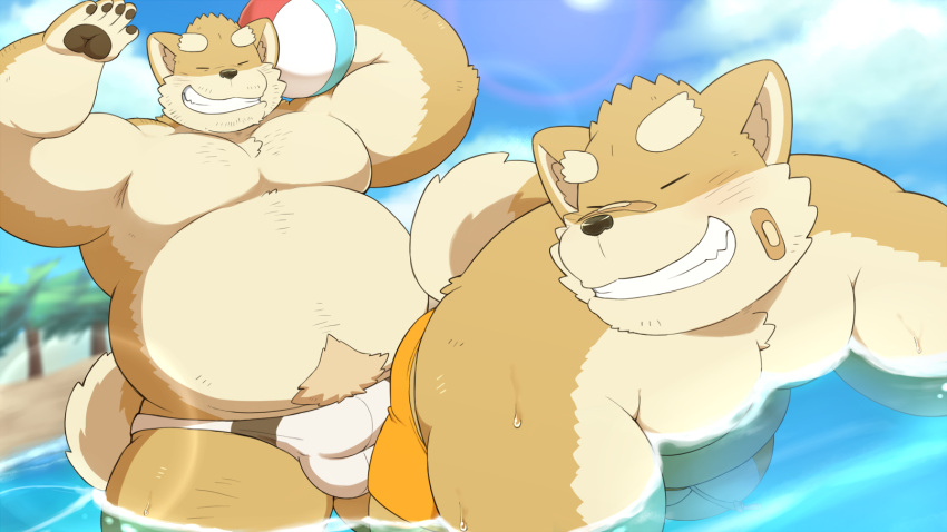 2021 anthro ball band-aid bandage beach beartouma_0517 belly brown_body brown_fur bulge bungo_(beartouma_0517) canid canine canis clothing detailed_background domestic_dog duo eyes_closed father father_and_child father_and_son fur hi_res humanoid_hands kemono male male/male mammal monta_(beartouma_0517) moobs outside overweight overweight_male parent parent_and_child seaside son swimwear water