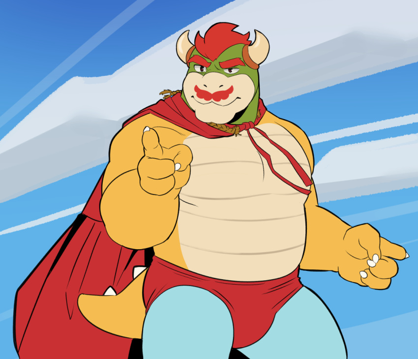 2021 anthro bottomwear bowser cape claws clothed clothing cloud cosplay day eyebrows facial_hair hair horn ixkouu jack_black koopa looking_at_viewer male mario_bros musclegut muscular muscular_anthro muscular_male mustache nacho_libre nintendo outside pants scalie sky solo spiked_tail spikes spikes_(anatomy) standing topless topless_male video_games