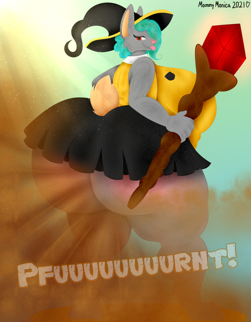 2021 absurd_res anthro baconbasket big_breasts big_butt blue_hair breasts butt canid canine canis clothed clothing digital_drawing_(artwork) digital_media_(artwork) digital_painting_(artwork) domestic_dog english_text fart fart_cloud fart_fetish farting_at_viewer female gem hair harry_potter hat headgear headwear herding_dog hi_res huge_breasts huge_butt hybrid light lighting line_art magic magic_staff magic_user mammal monica_(baconbasket) overweight overweight_anthro overweight_female pastoral_dog shaded signature simple_background smaller_version_at_source smile soft_shading solo text thick_thighs watermark welsh_corgi witch_hat wolf