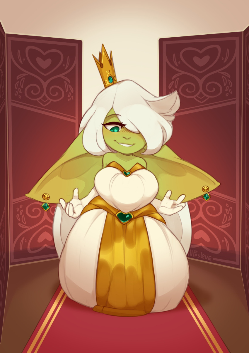 absurd_res blush clothed clothing dress ear_piercing female fully_clothed goblin green_body green_skin hair hi_res huffslove humanoid mammal not_furry piercing queen_regina solo white_hair