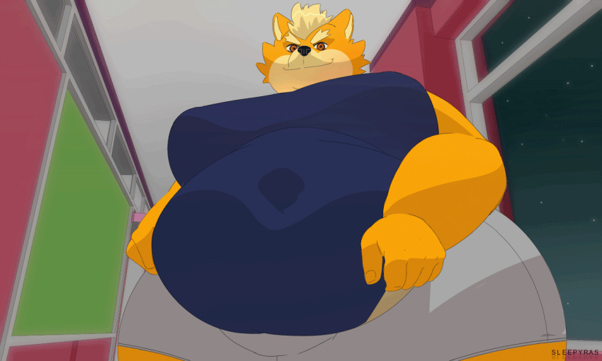 5:3 5_fingers animated anthro belly belly_overhang big_belly big_moobs black_pupils blue_clothing blue_shirt blue_topwear bottomwear brown_eyes canid canine chubby_male clothed clothing clothing_lift curvy_figure duo facial_tuft fingers fox fur hallway head_tuft jiggle looking_at_viewer male mammal moobs multicolored_body multicolored_fur navel night obese obese_anthro obese_male one_eye_closed orange_body orange_fur overweight overweight_anthro overweight_male pudgy_belly pupils shaded shirt shirt_lift short_playtime shorts signature sleepyras slightly_chubby solo star thick_thighs tongue topwear tuft two_tone_body two_tone_fur voluptuous wide_hips wink