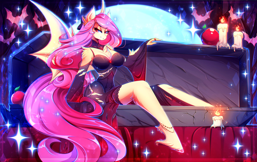 2021 absurd_res anthro anthrofied bat_pony big_breasts breasts chest_tuft cleavage clothed clothing digital_media_(artwork) dress equid equine female flutterbat_(mlp) fluttershy_(mlp) friendship_is_magic hasbro hi_res horse koveliana looking_at_viewer mammal membrane_(anatomy) membranous_wings my_little_pony pony smile solo tuft wings