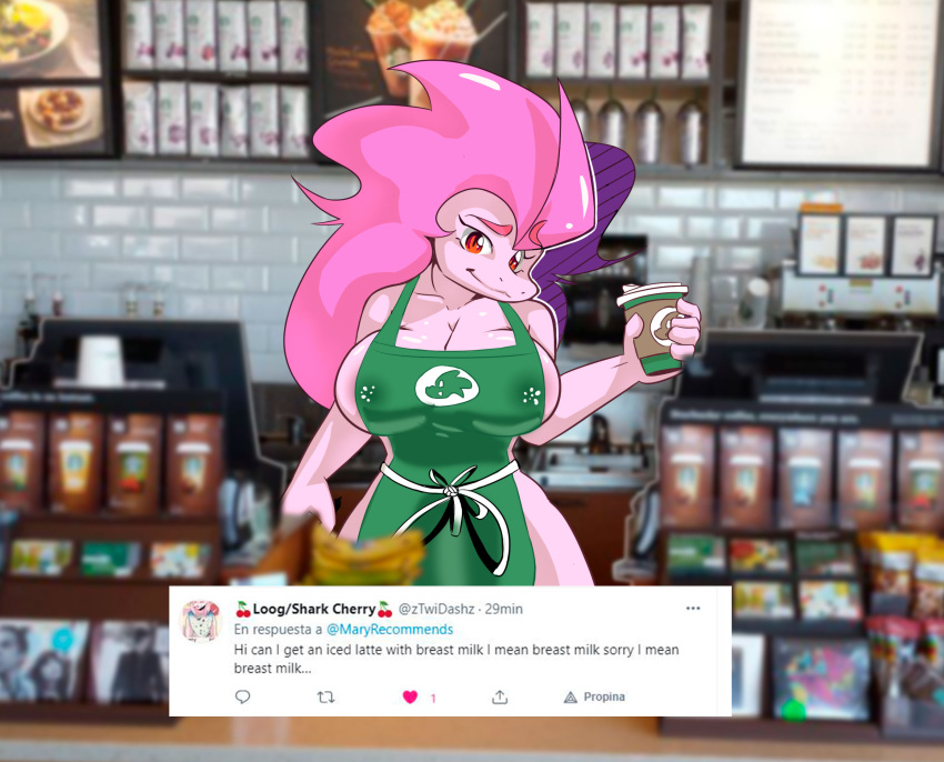 anthro apron apron_only bodily_fluids breasts clothed clothing digital_media_(artwork) dragon english_text female hair hi_res i_mean_breast_milk lactating mary_(marymory) marymory meme mostly_nude non-mammal_breasts smile solo starbucks text