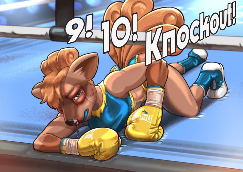 2021 alternate_version_at_source anthro black_eye_(injury) blood bodily_fluids boots bottomwear boxing boxing_gloves brown_body brown_fur bruised clothing countdown crop_top crying dcheese defeated digital_media_(artwork) female fight fighting_ring footwear fur hair handwear hi_res knockout mouthguard multi_tail nintendo nosebleed orange_body orange_fur orange_hair pok&eacute;mon pok&eacute;mon_(species) pok&eacute;morph shirt solo sport sports_panties tears text topwear video_games vulpix young