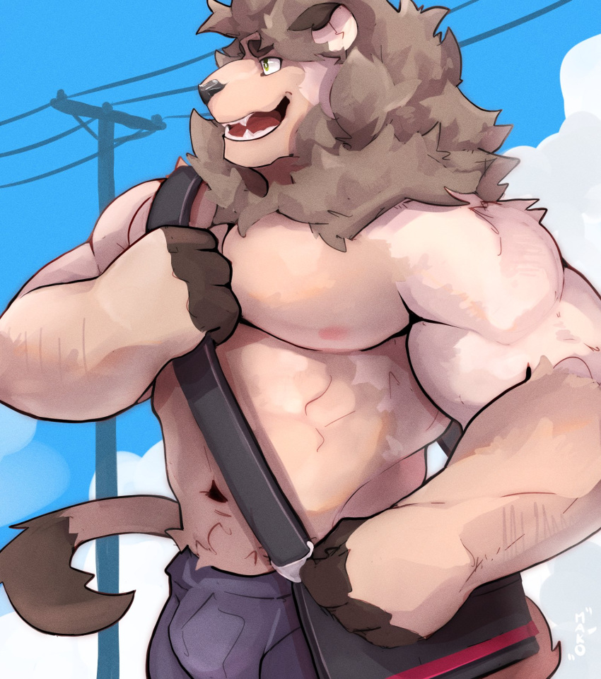 2021 abs anthro bag big_muscles bottomwear clothed clothing cloud day felid fur gym_bag hi_res lion makowolf1 male mammal mane muscular muscular_anthro muscular_male navel nipples open_mouth open_smile outside pantherine pants pecs powerlines sky smile solo standing topless topless_male tuft