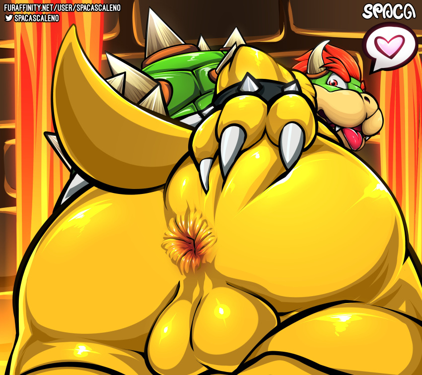&lt;3 absurd_res anthro anus backsack balls big_butt bowser bracelet butt claws genitals hand_on_butt hand_on_own_butt heart_reaction hi_res holding_butt horn jewelry koopa lava looking_at_viewer looking_back low-angle_view male mario_bros nintendo perineum presenting presenting_hindquarters raised_tail rear_view red_eyes scalie shell solo spaca spiked_bracelet spikes spread_anus spread_butt spreading text tongue tongue_out video_games worm's-eye_view yellow_body yellow_skin