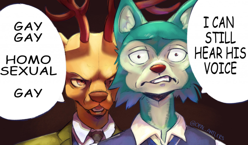 2021 anthro antlers beastars brown_eyes canid canine canis cervid cheek_tuft clothed clothing comic_sans dialogue duo english_text facial_tuft horn humor i_can_still_hear_his_voice legoshi_(beastars) louis_(beastars) male mammal meme necktie opal_antlers open_mouth signature simple_background speech_bubble text tuft wolf